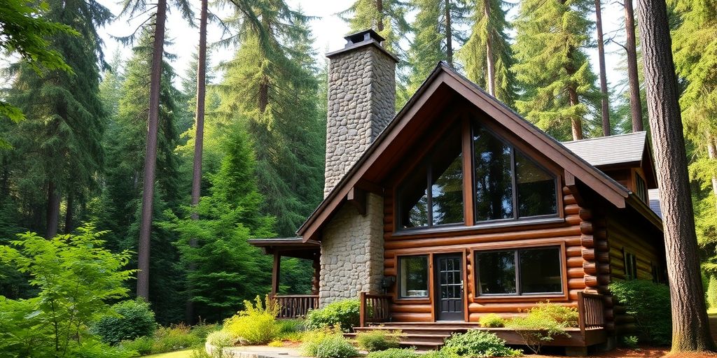 Log home nestled in a forested Pacific Northwest setting.