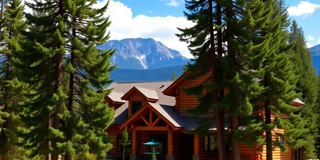 Montana log home surrounded by trees and mountains.