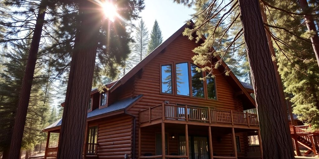 Idaho log home surrounded by trees in a mountain setting.