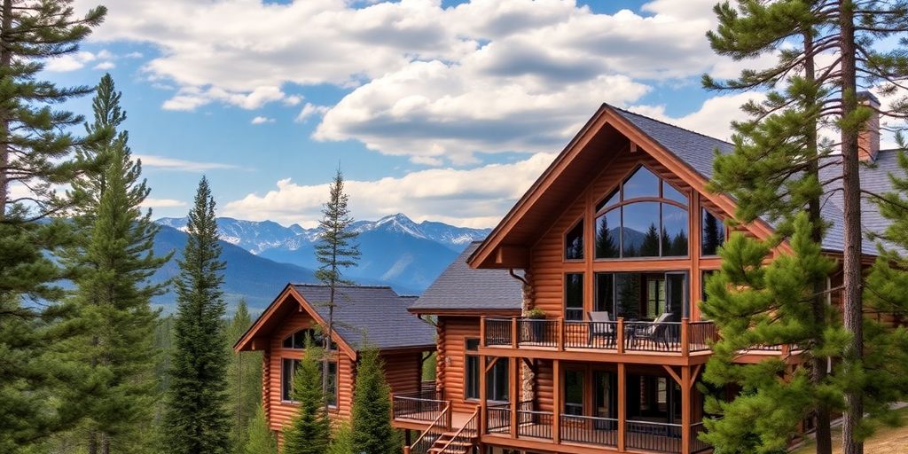 Luxury log home in Montana wilderness with mountain views.