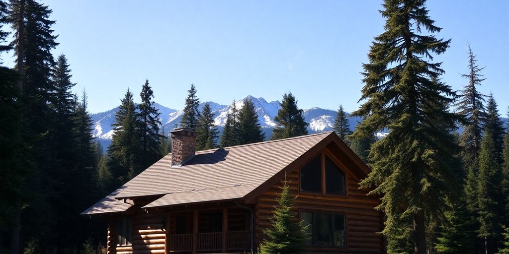 Cozy log home in Washington forest, snow-capped mountains.