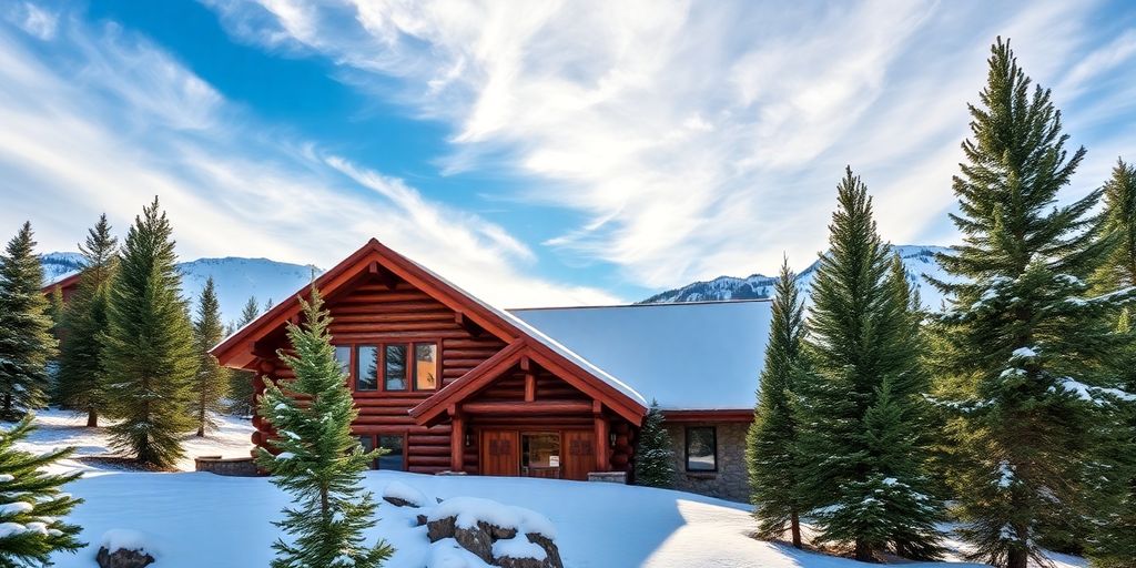 Cozy log home, snowy Montana mountains, clear sky.