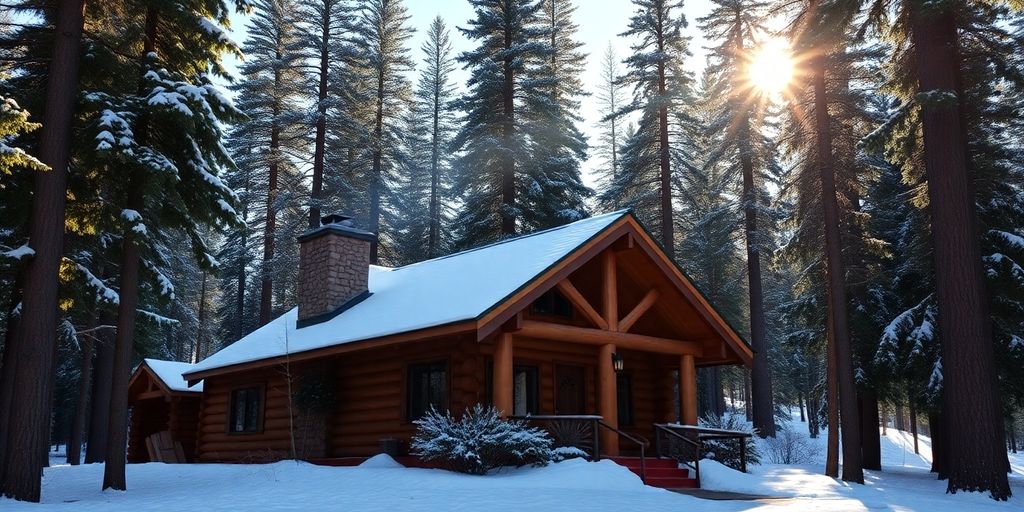 Rustic log home in snowy Idaho forest.