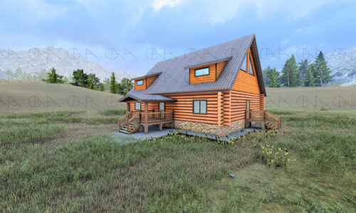 PMLH 1A-1 Log cabin nestled in mountains, surrounded by trees.