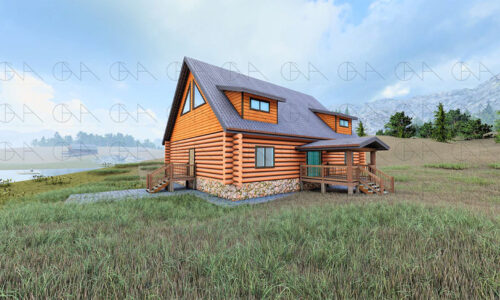 PMLH 1A-2 Log cabin nestled in mountains, surrounded by trees.